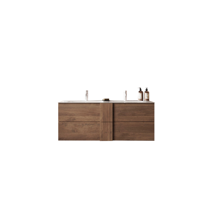 Meuble de salle de bain suspendu avec deux vasques et 2 tiroirs, collection FRASSI. Coloris chêne clair