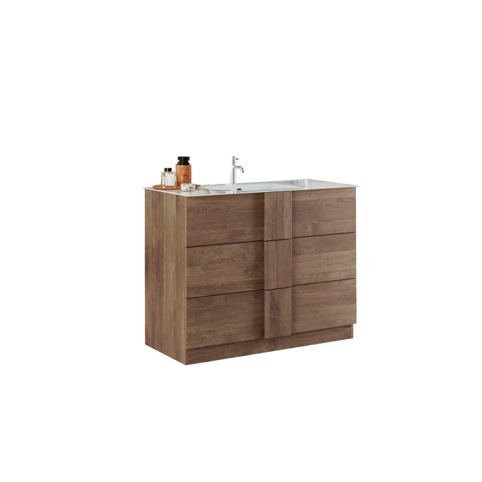 Meuble de salle de bain avec une vasque et trois tiroirs, longueur 101cm, collection FRASSI. Coloris chêne clair