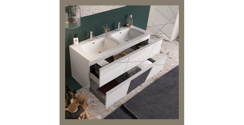 Meuble de salle de bain suspendu avec deux vasques et 2 tiroirs, collection VITARIO. Coloris blanc brillant