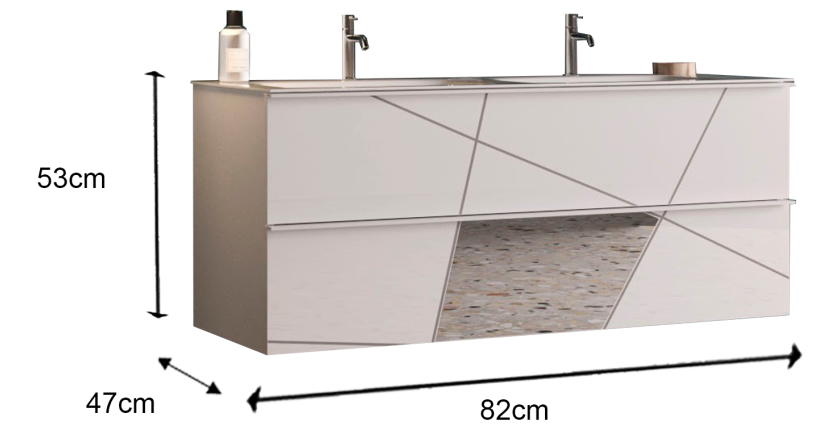 Meuble de salle de bain suspendu avec 1 vasque et 2 tiroirs, longueur 82cm, collection VITARIO. Coloris blanc brillant