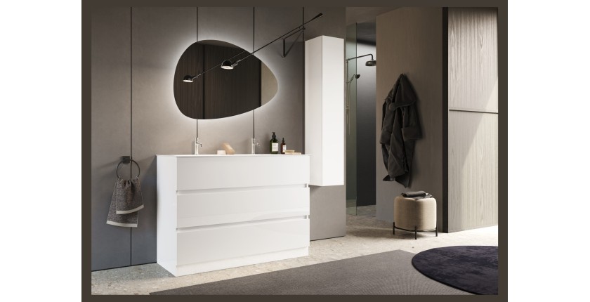Meuble de salle de bain avec deux vasques et 3 tiroirs, collection VIENNE. Coloris blanc brillant