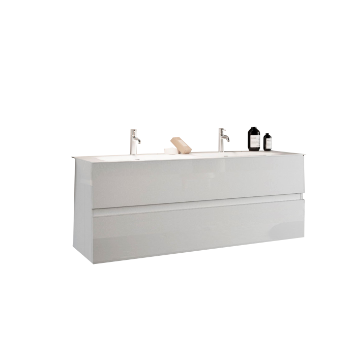 Meuble de salle de bain suspendu avec deux vasques et 2 tiroirs, collection VIENNE. Coloris blanc brillant