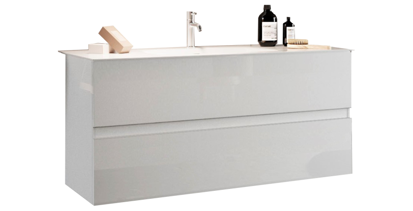 Meuble de salle de bain suspendu avec 1 vasque et 2 tiroirs, longueur 82cm, collection VIENNE. Coloris blanc brillant