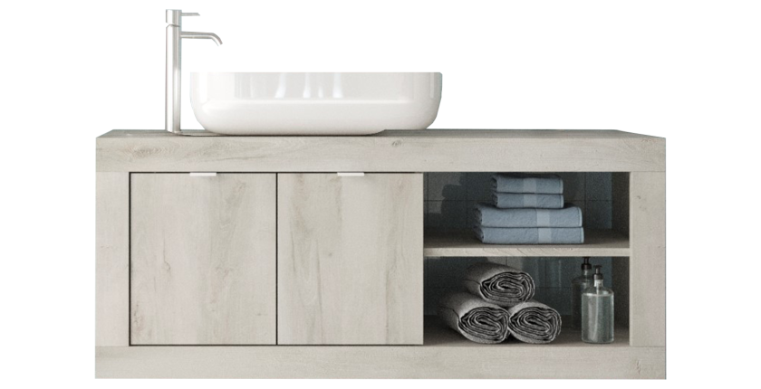 Meuble de salle de bain suspendu une vasque et 2 portes, collection CISA, coloris blanc effet bois