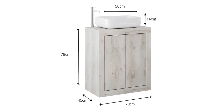 Meuble de salle de bain une vasque et 2 portes, longueur 70cm, collection CISA, coloris blanc effet bois