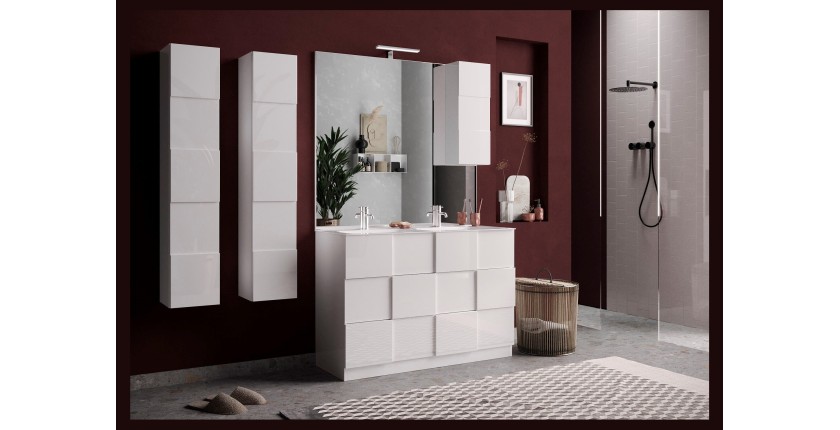 Meuble de salle de bain avec 2 vasques et 3 tiroirs, collection KUBRICK. Coloris blanc brillant