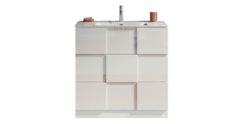 Meuble de salle de bain avec une vasque et 3 tiroirs, longueur 82cm, collection KUBRICK. Coloris blanc brillant