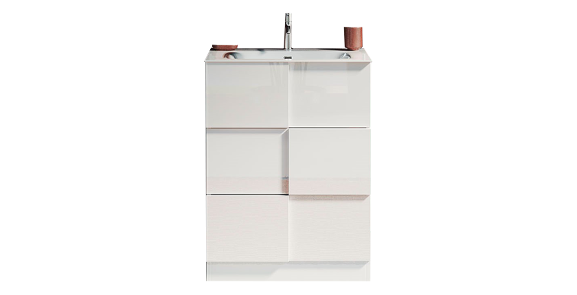 Meuble de salle de bain avec une vasque et 3 tiroirs, longueur 63cm, collection KUBRICK. Coloris blanc brillant