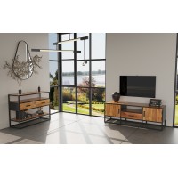 Meuble TV collection MADEIRO Structure métal et bois exotique de Mangolia. Idéal pour un salon de style industriel. L140cm