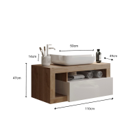 Meuble de salle de bain suspendu avec une vasque et 1 tiroir, collection BURA. Coloris blanc brillant et chêne clair
