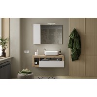 Meuble de salle de bain suspendu avec une vasque et 1 tiroir, collection BURA. Coloris blanc brillant et chêne clair