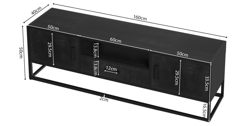 Meuble TV collection MADEIRO Structure métal et bois exotique de Mangolia noir. Idéal pour un salon de style industriel. L160cm