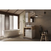 Meuble de salle de bain avec une vasque et 2 tiroirs, longueur 79cm, collection BURA. Coloris blanc brillant et chêne clair