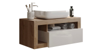 Meuble de salle de bain suspendu avec vasque et tiroir, longueur 79cm, collection BURA, coloris blanc brillant et chêne clair