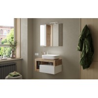 Meuble de salle de bain suspendu avec vasque et tiroir, longueur 79cm, collection BURA, coloris blanc brillant et chêne clair