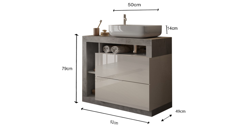 Meuble de salle de bain avec une vasque et 2 tiroirs, longueur 92cm, collection BURA. Coloris blanc brillant et béton