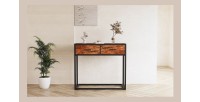 Console de salon avec tiroir style industriel en bois massif exotique de Mangolia et structure métal. Collection MADEIRO