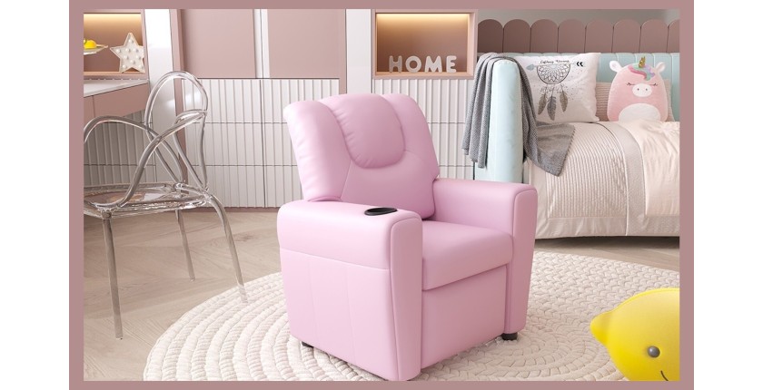 Mini fauteuil relax ITCHI relevable manuellement matière PU couleur rose, idéal pour un salon confortable