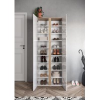 Meuble à chaussures avec 8 étagères réglables, collection KEY, coloris blanc brillant laqué et chêne cadiz