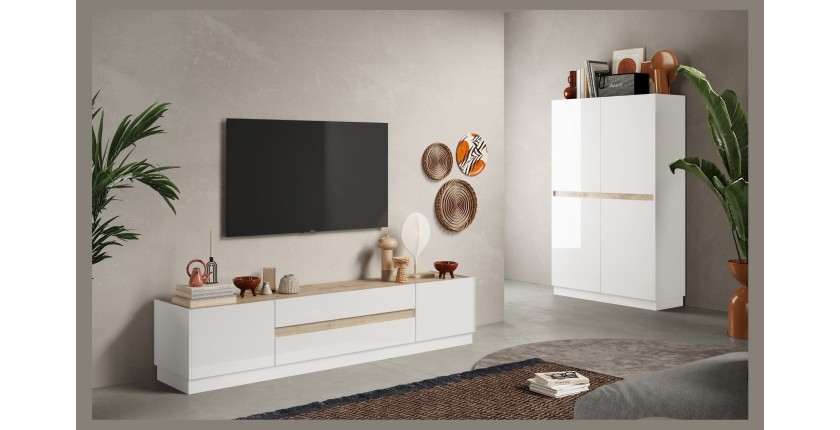 Meuble TV 205cm collection FANZY. Coloris blanc laqué et chêne clair, idéal dans un salon design