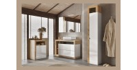 Meuble de salle de bains, 2 portes et 2 étagères, collection BURA. Coloris blanc brillant laqué et chêne clair