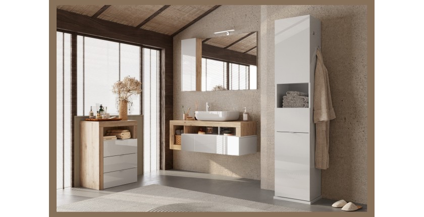 Commode de salle de bains large 64cm, 3 tiroirs, collection BURA. Coloris blanc brillant laqué et chêne clair