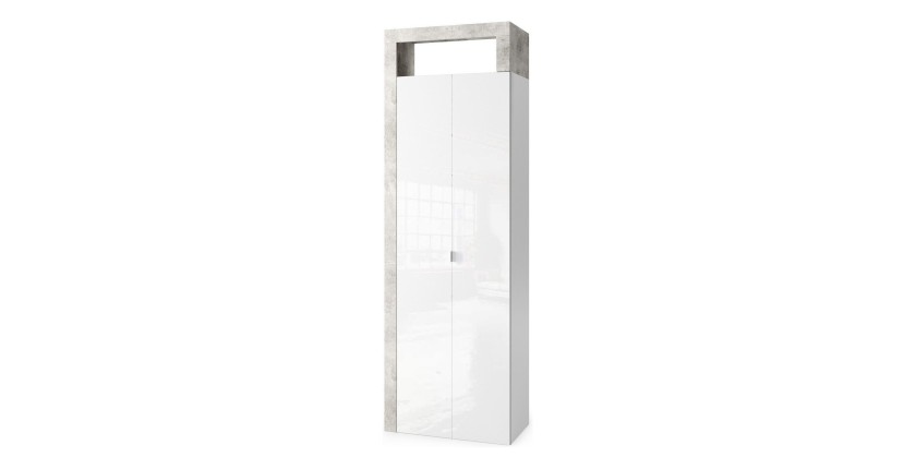 Armoire de salle de bains, 2 portes, collection BURA. Coloris blanc brillant laqué et gris aspect béton