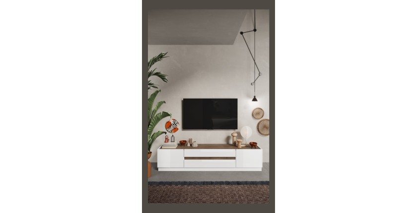 Meuble TV 205cm collection FANZY. Coloris blanc laqué et chêne clair, idéal dans un salon design