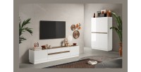 Meuble TV 205cm collection FANZY. Coloris blanc laqué et chêne clair, idéal dans un salon design