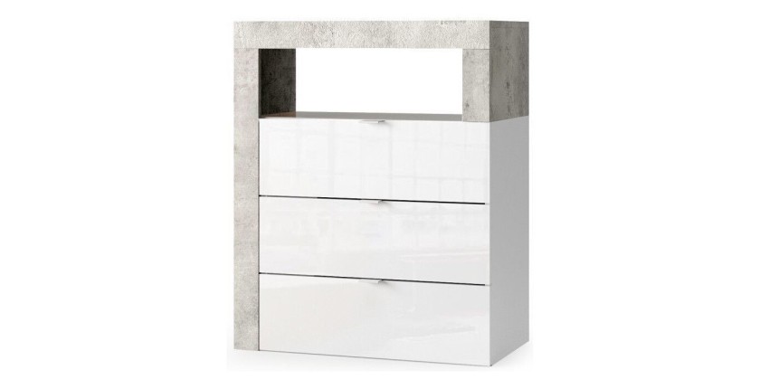 Commode de salle de bains large 64cm, 3 tiroirs, collection BURA. Coloris blanc brillant laqué et gris aspect béton