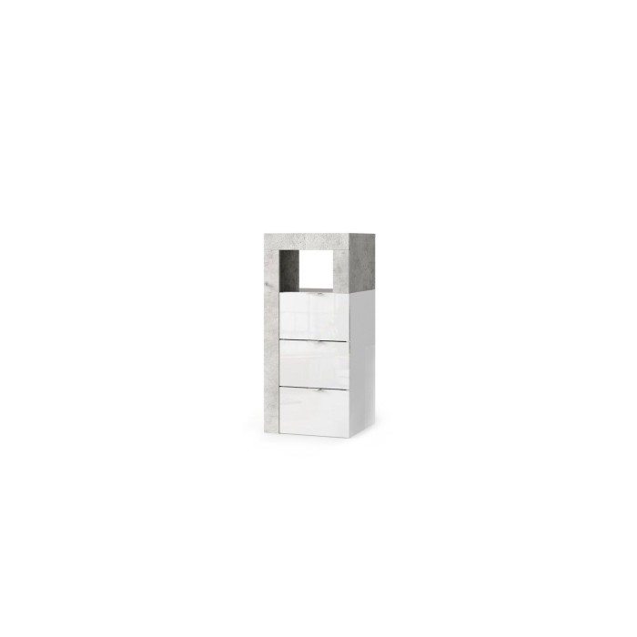 Commode de salle de bains large 35cm, 3 tiroirs, collection BURA. Coloris blanc brillant laqué et gris aspect béton