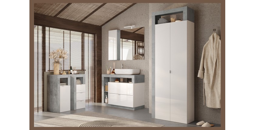 Commode de salle de bains large 35cm, 3 tiroirs, collection BURA. Coloris blanc brillant laqué et gris aspect béton