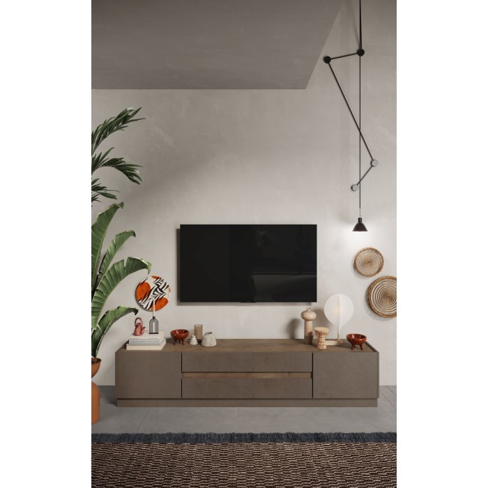 Meuble TV 205cm collection FANZY. Coloris marron et chêne foncé, idéal dans un salon design