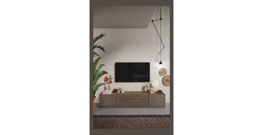 Meuble TV 205cm collection FANZY. Coloris marron et chêne foncé, idéal dans un salon design