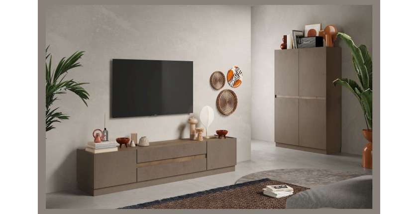 Meuble TV 205cm collection FANZY. Coloris marron et chêne foncé, idéal dans un salon design