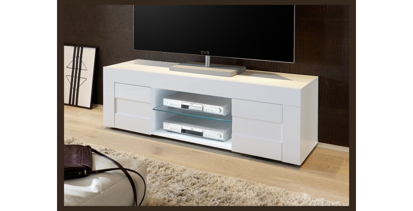 Meuble tv 138cm, 2 portes, collection JET, coloris blanc laqué brillant