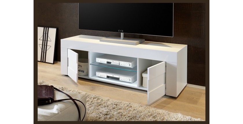 Meuble tv 138cm, 2 portes, collection JET, coloris blanc laqué brillant