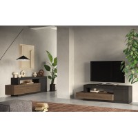 Meuble TV 1 porte 1 tiroir collection DOMI. Coloris gris anthracite \ chêne foncé, idéal dans un salon design