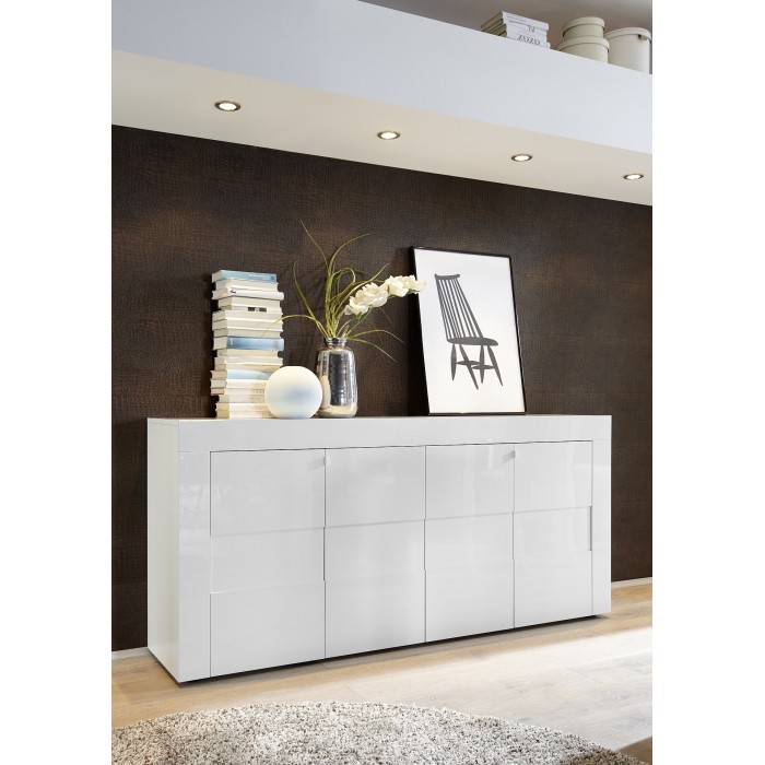 Buffet 4 portes 181cm, collection JET, coloris blanc laqué brillant