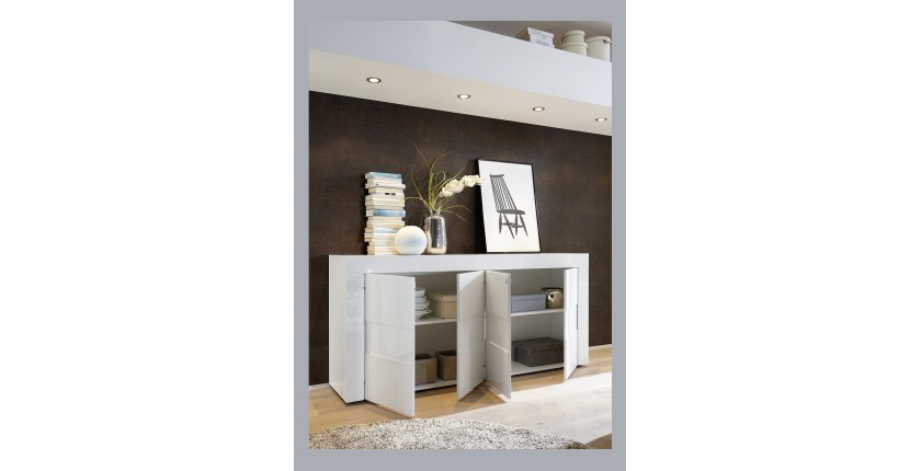 Buffet 4 portes 181cm, collection JET, coloris blanc laqué brillant