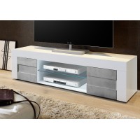 Meuble tv 180cm, 2 portes, collection JET, coloris blanc laqué brillant et gris aspect béton