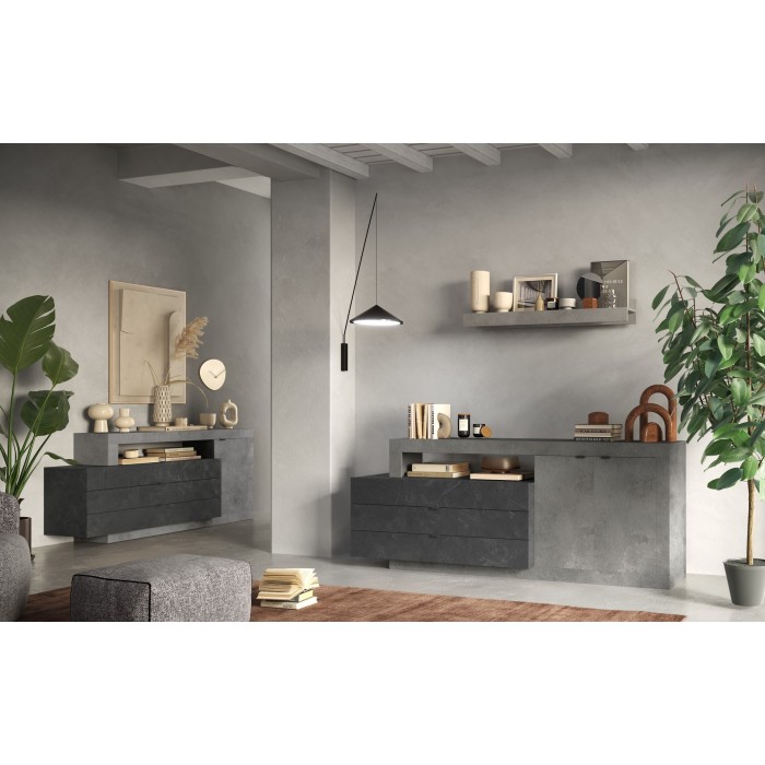 Buffet 1 porte 3 tiroirs collection DOMI. Coloris effet béton et gris anthracite