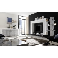 Buffet 4 portes 181cm, collection JET, coloris blanc laqué brillant et gris aspect béton