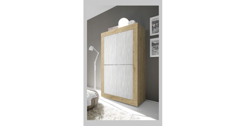 Buffet design 4 portes en bois collection ACCESS. Coloris blanc et chêne clair