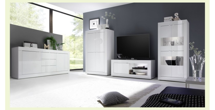 Meuble TV 1 porte, collection CISA, coloris blanc laqué brillant