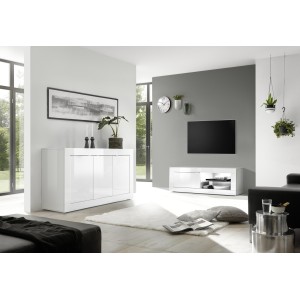 Meuble TV 1 porte, collection CISA, coloris blanc laqué brillant