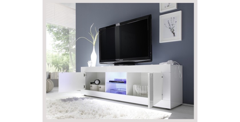 Meuble TV 2 portes, collection CISA, coloris blanc laqué brillant