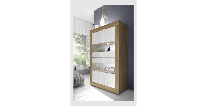 Vitrine design 4 portes collection ACCESS. Coloris blanc et chêne foncé