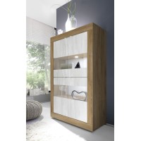 Vitrine design 4 portes collection ACCESS. Coloris blanc et chêne foncé