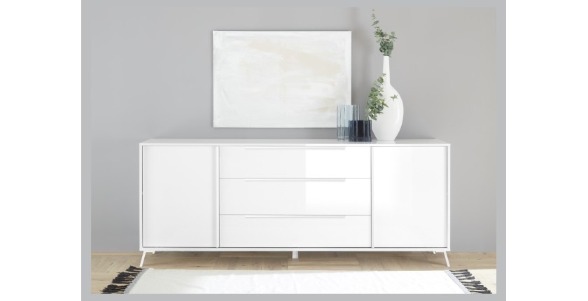 Buffet 2 portes 3 tiroirs collection SKY. Coloris blanc laqué brillant